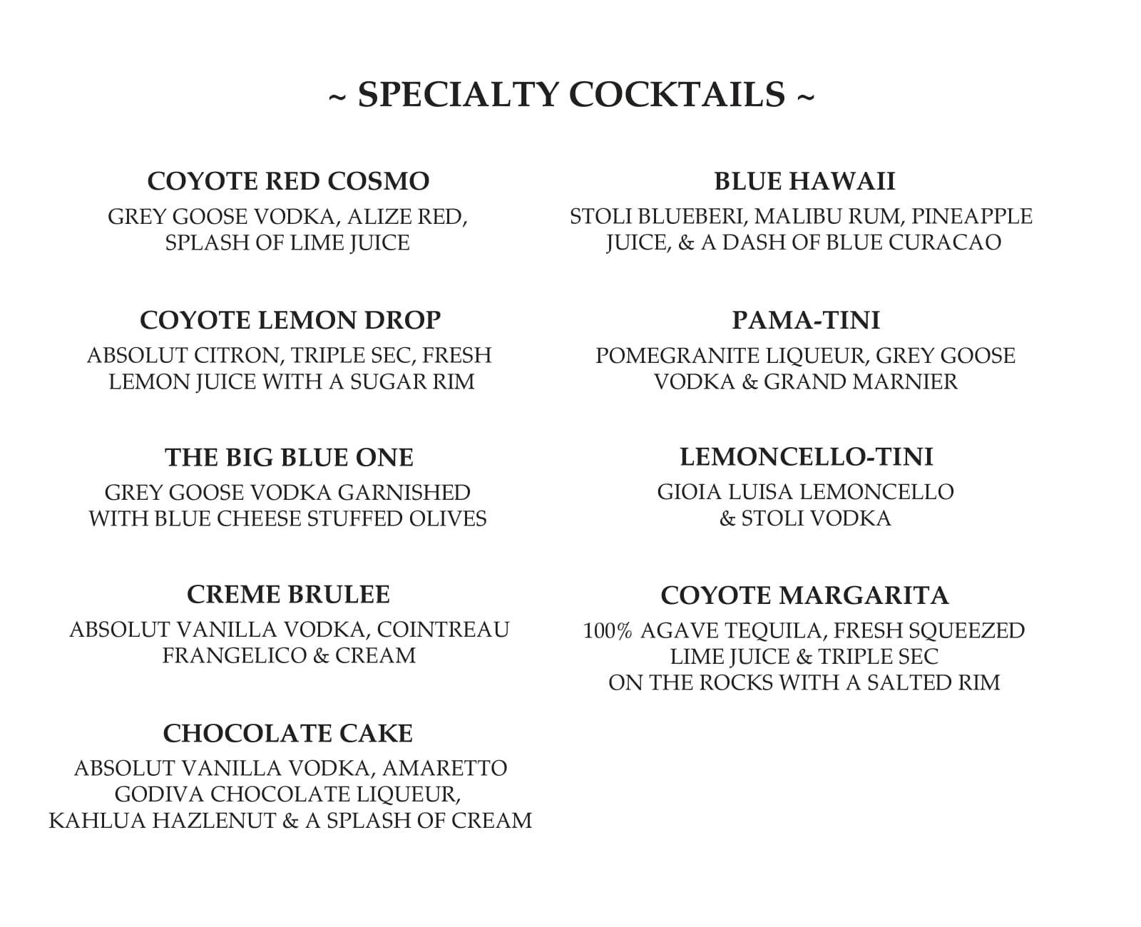 Speciality Cocktails